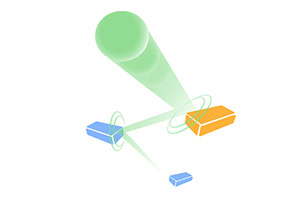 Minimalist 3D illustration of a green spotlight shining on orange and blue rectangular blocks connected by glowing light beams