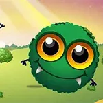 A colorful digital illustration of two cute, cartoonish round creatures with big eyes, one green with a smile and one red with a playful expression, set against a sunny landscape with trees and a house in the background