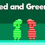 A simple, colorful pixel art scene featuring two blocky characters, one green and one red, standing side by side with the text Red and Green 4 above them on a solid green background