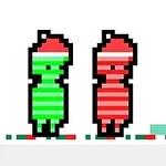 Two pixelated characters stand side by side, one in green stripes with a matching hat and the other in red stripes with a red hat, set against a simple white background