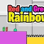 The image features colorful game graphics with the title Red and Green Rainbow prominently displayed, alongside two cartoon characters in green and red, navigating through a platforming environment with obstacles