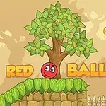 A cartoonish red ball with a smiling face is positioned in a lush green landscape with a tree, golden coin, and a flag, representing the game Red Ball 5