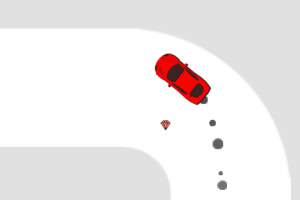 A red car is drifting around a curved white track, leaving skid marks behind it, with an ice cream cone nearby