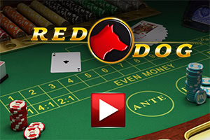 A green felt gaming table featuring various colored poker chips, playing cards, and a prominent logo of a red dog head above the text RED DOG, accompanied by a play button icon