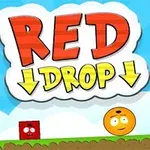 The image features a colorful, cartoon-style game title RED DROP with a red square character and a smiling orange circle against a bright blue sky background with clouds