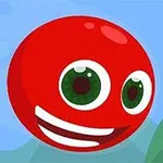 A cheerful red cartoon ball with large green eyes and a smiling mouth, set against a light blue background with green shapes resembling hills