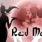 A silhouette of a figure holding a sword stands against a large red moon backdrop with the title Red Moon prominently displayed