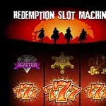 The image features a Redemption Slot Machine design with three prominent symbols of sevens, alongside icons representing wild and scatter bonuses, all set against a backdrop of cowboys silhouetted against a sunset