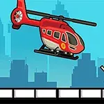 A cartoon-style image featuring a red helicopter hovering above a person with raised arms, set against a blue sky and a silhouette of a city skyline in the background