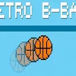 A pixel art design featuring the words RETRO B-BALL above a series of animated basketballs in motion against a light blue background