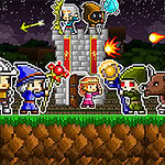 A colorful pixel art scene featuring a diverse group of cartoonish characters, including knights, a wizard, and a princess, standing in a row in front of a castle under a starry sky, with magical and combat elements in the background