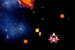 A retro-style pixel art spaceship navigating through space with asteroids and floating collectibles