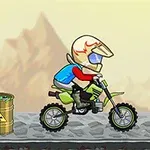 A cartoon character in a motorcycle helmet rides a green dirt bike on a rocky path, with a hazardous waste barrel featuring green slime in the background and mountains in the distance