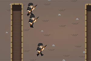 A pixelated battlefield scene featuring three soldiers with rifles positioned between two trenches on a brown terrain