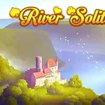 A picturesque landscape featuring a river and rolling hills, with a castle nestled on the riverbank, accompanied by the playful title River Solitaire in a whimsical font