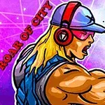 A muscular, animated man with long blonde hair and sunglasses, wearing headphones and a sleeveless shirt, is flexing his arm against a colorful, geometric background with the text ROAR OF CITY