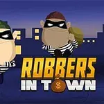 A colorful, cartoon-style image featuring two humorous robbers in striped outfits and masks, carrying bags of loot, under the title Robbers in Town, set against a nighttime city backdrop