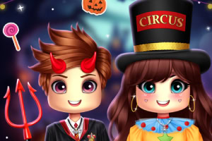 A cartoon-style boy with devil horns and a girl in a circus hat are surrounded by Halloween-themed decorations, including a pumpkin and candy