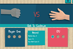 A digital interface displaying a match-up between a clenched fist and an open hand, with sections for Player One and CPU scores, featuring a neutral background and a Click To Continue prompt in the center
