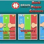 The image features a digital game interface for Rock Paper Scissors by Brain Liberty, displaying score indicators, hand symbols for game moves, and prompts like Who is the Winner?