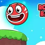 A colorful, cartoonish scene featuring a smiling red ball character and a spiky green creature on lush green platforms against a bright blue sky, with the title Roller Ball 5 prominently displayed