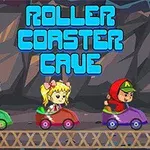 A colorful video game scene featuring three cartoon characters riding in small roller coaster cars through a cave, with the title Roller Coaster Cave prominently displayed above them