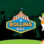 A colorful cartoon clown on a unicycle is joyfully performing, set against a circus-themed backdrop, with the playful text ROLLING BALL prominently displayed