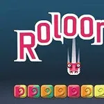 The image features the stylized title Roloong in bold pink letters, accompanied by a dragon-like character with a fierce expression, and colorful square buttons lined up at the bottom, each displaying a unique swirl design