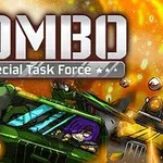 The image features a dynamic, action-filled scene titled ROMBO: Special Task Force, showcasing a green military vehicle driven by a character with purple hair amidst explosions and chaotic warfare visuals