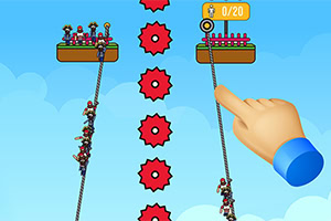 A colorful digital scene featuring two platforms at the top, connected by ropes, with multiple characters climbing up, and large red gears placed vertically in the background, alongside a hand icon indicating interaction
