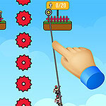 A colorful digital scene featuring two platforms at the top, connected by ropes, with multiple characters climbing up, and large red gears placed vertically in the background, alongside a hand icon indicating interaction