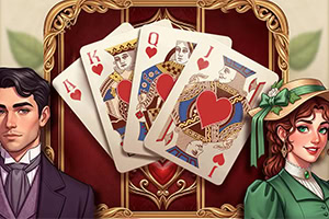 A stylish illustration featuring two characters, a man in a formal outfit and a woman in Victorian clothing, standing beside a hand of playing cards, showcasing the King, Queen, and Jack of hearts