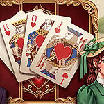 A stylish illustration featuring two characters, a man in a formal outfit and a woman in Victorian clothing, standing beside a hand of playing cards, showcasing the King, Queen, and Jack of hearts