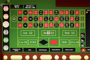 A green gaming table layout featuring a grid of numbers in red and black, sections for betting on groups of numbers, color options for even and odd, and a display showing player money and betting limits