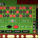 A green gaming table layout featuring a grid of numbers in red and black, sections for betting on groups of numbers, color options for even and odd, and a display showing player money and betting limits