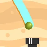 A vibrant, abstract scene featuring a green ball balanced on a narrow blue line above a black cylindrical object, set against a wavy beige background