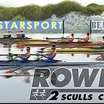 A vibrant rowing scene featuring competitors in various boats on a calm water surface, with promotional banners for STARSPORT and BEAR & JEANS visible in the background, showcasing the excitement of the 2 Sculls Challenge