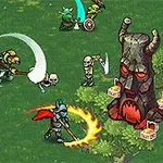 A vibrant fantasy scene featuring colorful characters, including knights and creatures, battling skeletons near a castle and a menacing totem, highlighting action and adventure in a whimsical setting