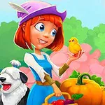 A cheerful woman with red hair in a purple hat holds a chick in one hand while a playful black-and-white dog stands beside her, surrounded by colorful flowers, a pumpkin, and bees buzzing around a birdhouse