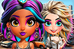 Two stylized, colorful characters with unique hairstyles and vibrant makeup stand side by side, set against a backdrop of vintage cars