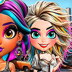 Two stylized, colorful characters with unique hairstyles and vibrant makeup stand side by side, set against a backdrop of vintage cars