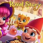 A whimsical scene from the game Royal Story, featuring a smiling witch with pink hair cooking, a cheerful bear, and a gnome, all in a cozy kitchen with magical elements and colorful details