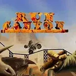 The image features a rugged character holding a cigar, set against a desert landscape with a vehicle mid-air above a bridge, and the game title Run Canyon prominently displayed in bold, fiery letters
