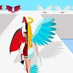 A character with one angel wing and one devil wing walks down a runway surrounded by red and white stylized wings, symbolizing the contrast between good and evil