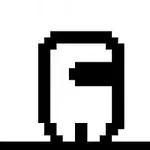 A pixel art character resembling a small, rounded figure with a prominent eye and a visor, set against a simple white background