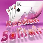 The image features stylized playing cards, specifically a King of Spades, alongside the text Russian Solitaire in a colorful, playful font against a pink background, evoking a fun card game theme