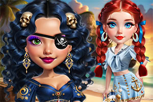 Two stylized characters, one with long, wavy black hair adorned with skull accessories and wearing a pirate-themed outfit, and the other with braided red hair in a light blue nautical attire, are featured against a tropical backdrop