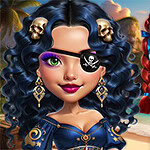 Two stylized characters, one with long, wavy black hair adorned with skull accessories and wearing a pirate-themed outfit, and the other with braided red hair in a light blue nautical attire, are featured against a tropical backdrop