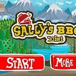 The image features a colorful game interface for Sallys BBQ Joint, showcasing a cartoon character with a chefs hat, mountains in the background, and buttons for Start and More Games