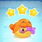 A cheerful cartoon fish with a purple fish in its mouth sits atop a yellow ring, surrounded by three gold stars against a light blue background